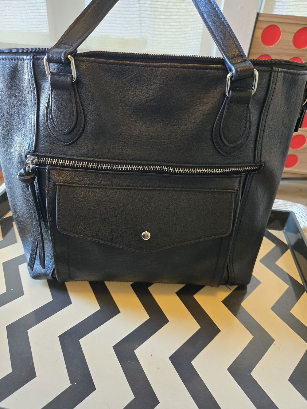Black Leatherette Tote Bag with Front Pocket